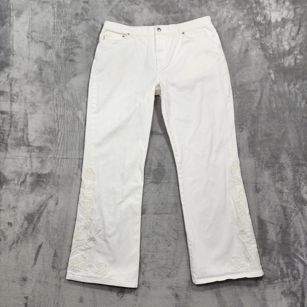 Vintage Ralph Lauren Jeans Womens 16 White High Rise Flared Floral Embroidered